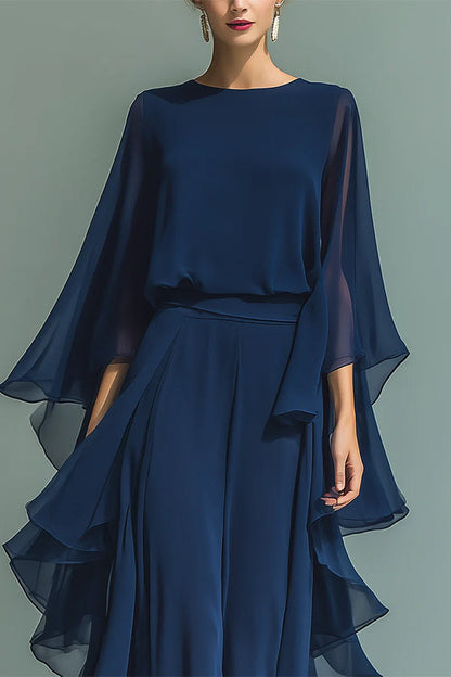 Chic Midnight Blue Ruffled Overlay Wide-Leg Pantsuit