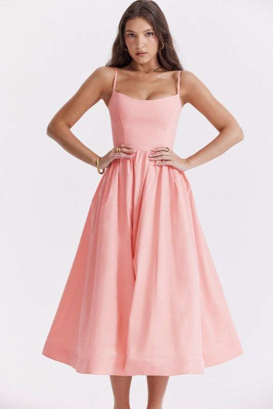 Solid Sexy Backless Spaghetti Strap Swing Prom Dress