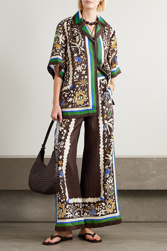 Antibes Satin Court Unique Printed Long Sleeve Loose Shirt and Elastic Waist Pants Set