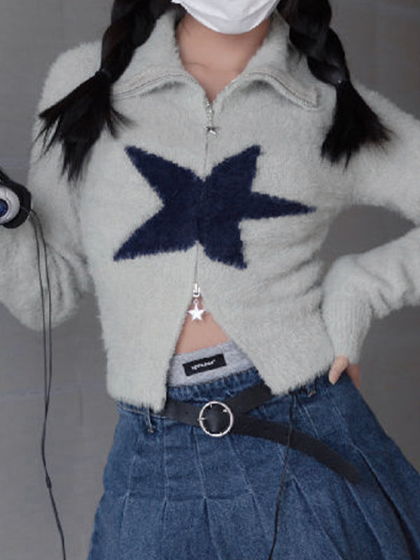 Plush Star Embellished Lapel Neck Zip Up Cardigan