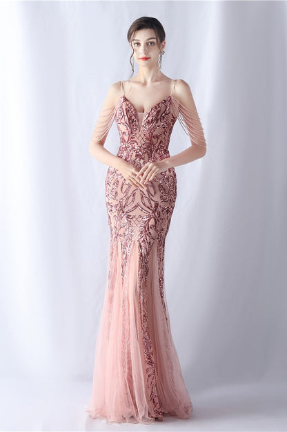 Beaded Mesh Cocktail Maxi Dress