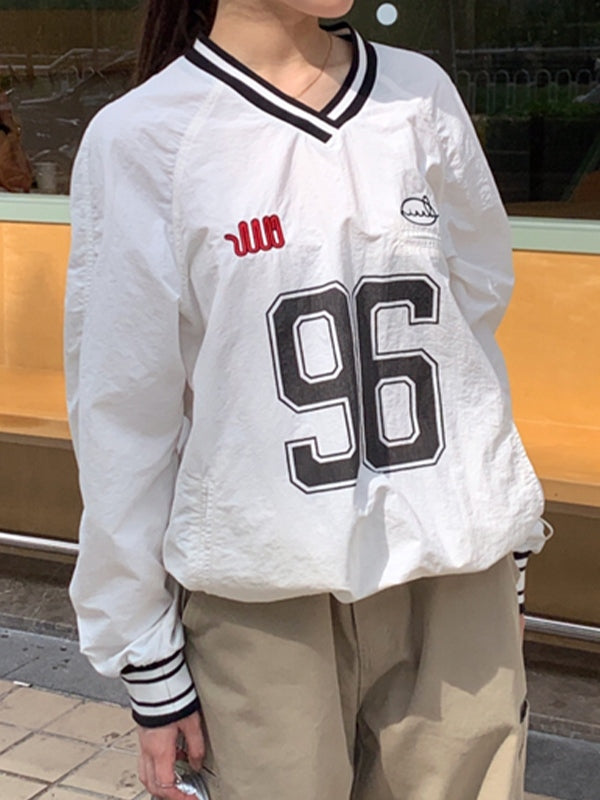 Number Print V Neck Thin Sweatshirt