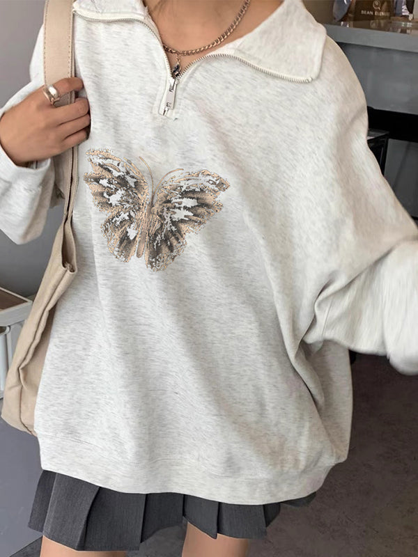 Butterfly Print Lapel Neck Half Zip Sweatshirt