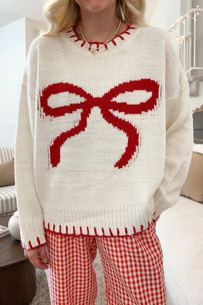 Slouchy Bow Jacquard Loose Pullover Sweater