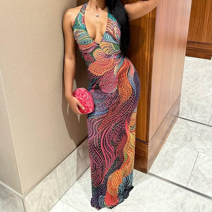 Halter v neck print contrast backless maxi dress  | Festival Outfits Women