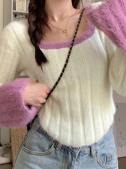 Contrast Color Splice Trumpet Sleeve Slim Sweater