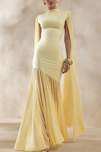 Elegant High-Neck Cape Detail Maxi Dress