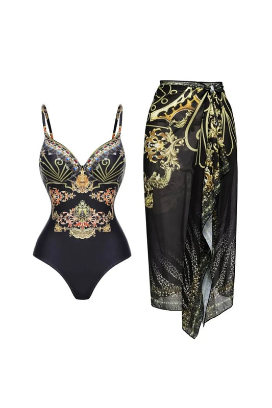 Traje de baño de una pieza con tiras y estampado dorado y negro