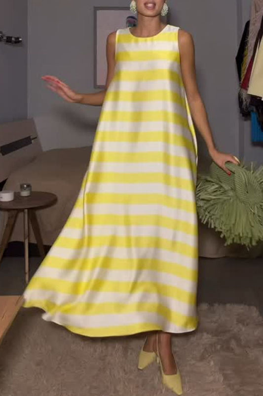 Elara Satin Striped Contrast Print Sleeveless Pocket A-line Maxi Dress