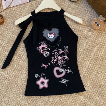 Self tie ruffle " hello kitty " pattern top  | Festival Outfits Women