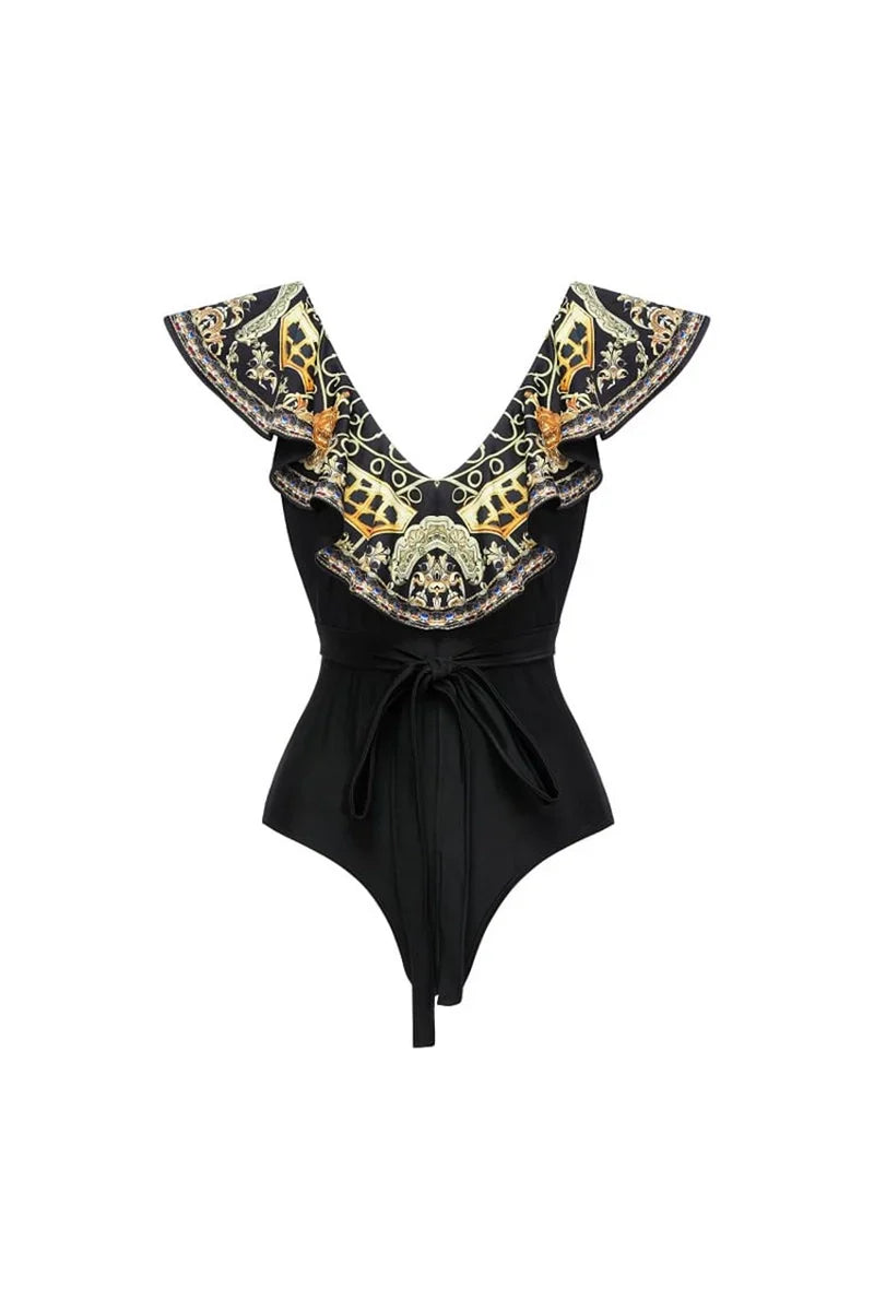 Conjunto de traje de baño con lazo y volantes con estampado dorado y negro