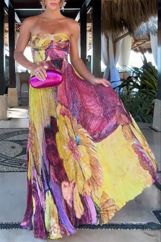 Vibrant and Bold Floral Print Sweetheart Neck Pleated Maxi Dress