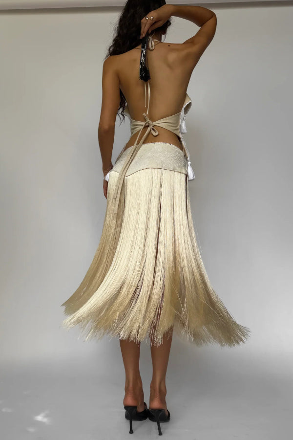 Fashionable Lace Appliqué Tassel Hem Vacation Maxi Skirt