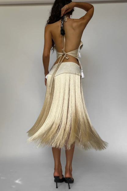 Fashionable Lace Appliqué Tassel Hem Vacation Maxi Skirt