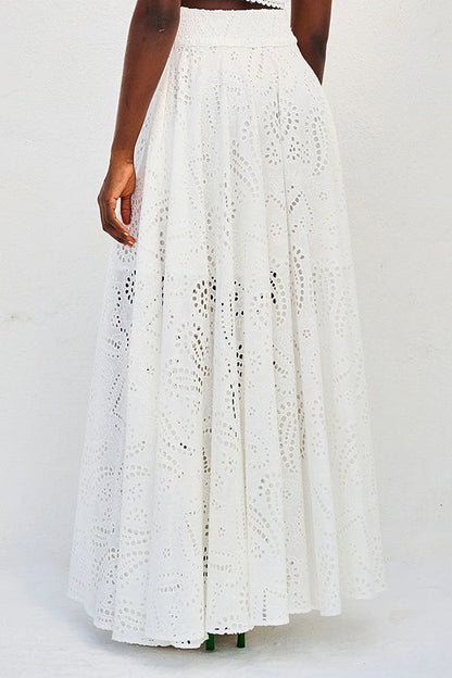 Paris Dreaming Embroidered Lace High Rise Elastic Waist Pocketed Maxi Skirt 