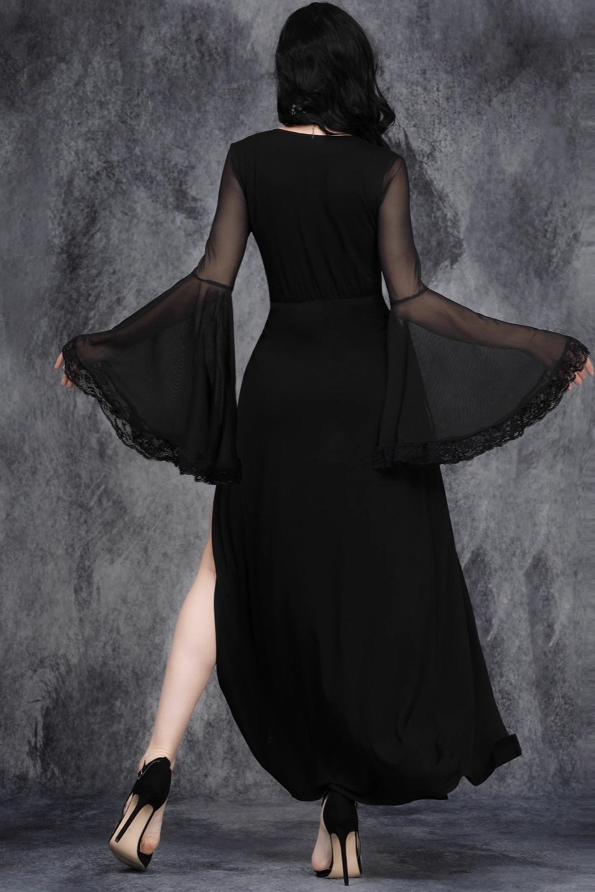 Gothic Flare Sleeve Lace Patchwork Midi Dress