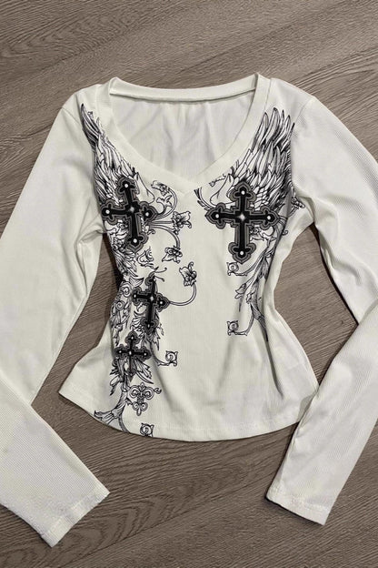 Vintage Gothic Letter Print V-Neck Loose T-shirt
