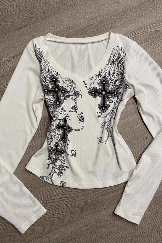 Vintage Gothic Letter Print V-Neck Loose T-shirt
