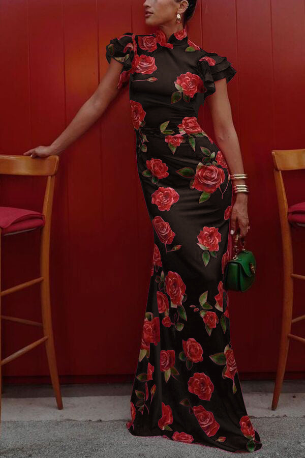 Elegant party cheongsam style rose print layered flared sleeve elastic long skirt