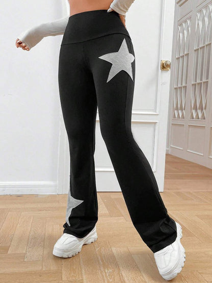 Star Print Highly Elastic High Rise Flare Leg Pants
