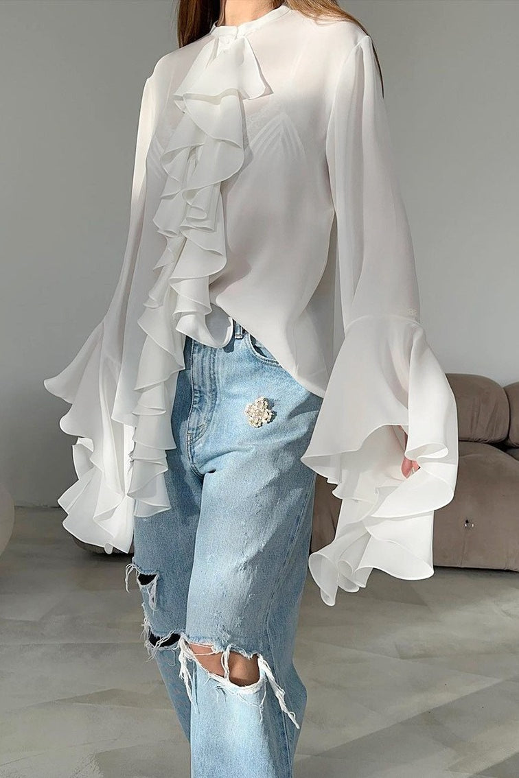 Elegant Ruffle Trim Button Blouse