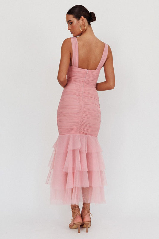 Mesh Insert Sexy Spaghetti Strap Ruched Prom Dress