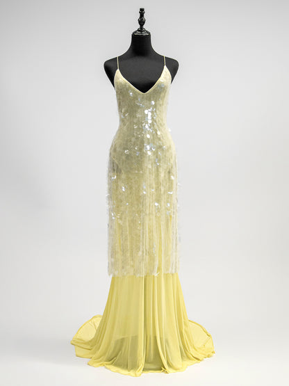 Sequin Sheer Maxi Slip Dress for Women - Butter Yellow Boho Backless V Neck Mermaid Cut Evening Gown - Summer Beach 2026