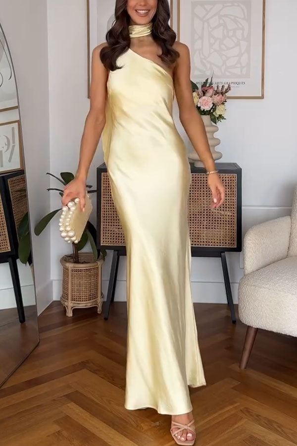 Milk white sexy party dress elegant satin one shoulder scarf long skirt