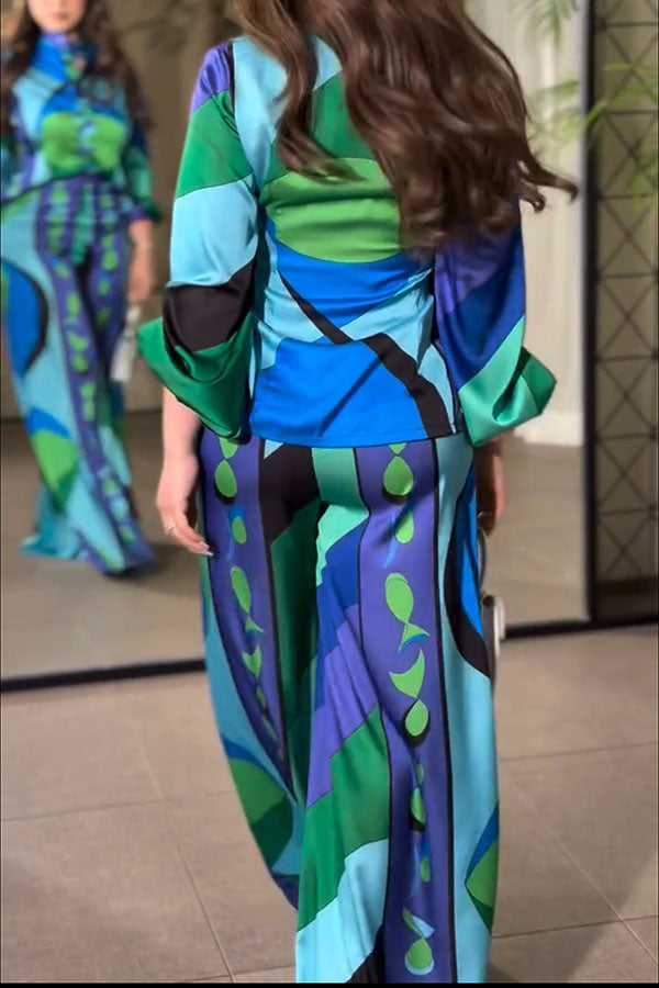 Ellie Satin Unique Print Balloon Sleeve High Low Shirt and Elastic Waist Pocket Loose Pants Set