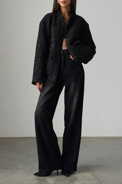 Metallic Sequined Stand Collar Coat