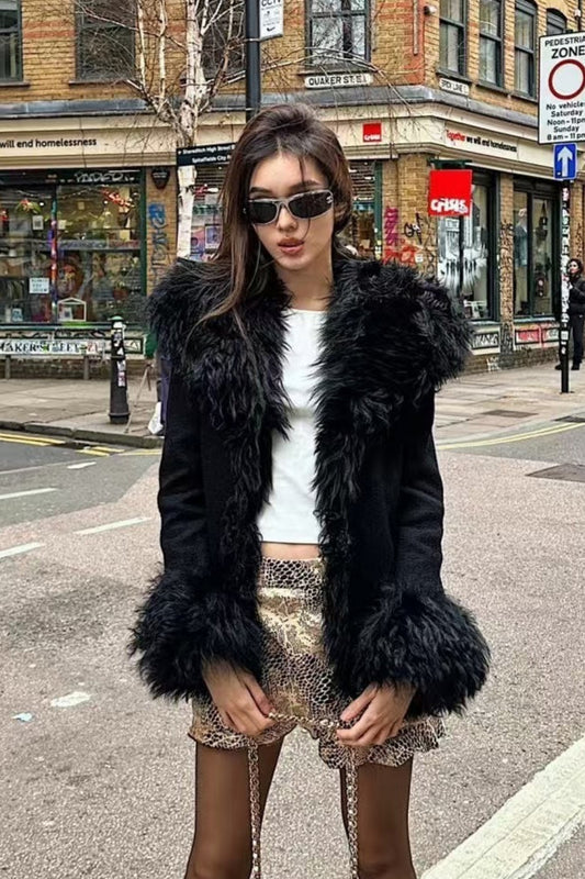 Solid Spliced PU Leather Lapel Patchwork Fur Coat