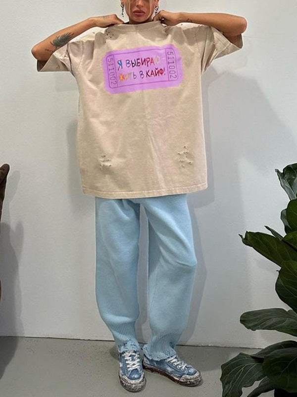 Contrast Letter Print Tattered Design Oversized Short Sleeve Tee