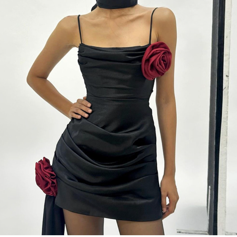 Square neck flower applique ruched mini dress  | Festival Outfits Women