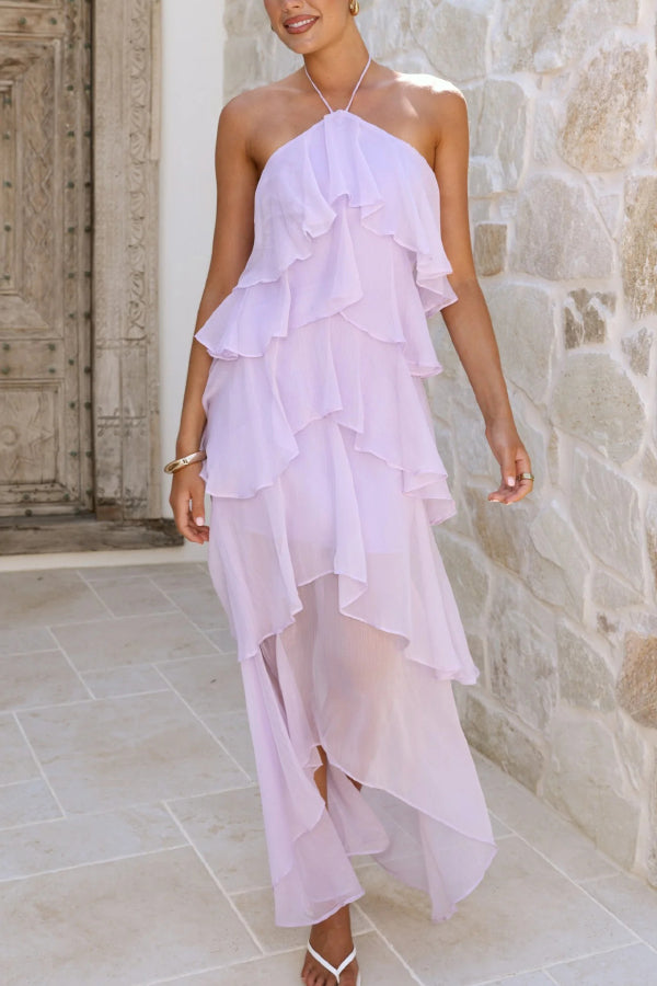 Solid Color Chiffon Halter Neck Elegant Ruffle Maxi Dress