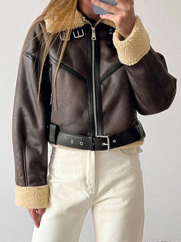 Lambswool Lined Leather Splice Short Jacket