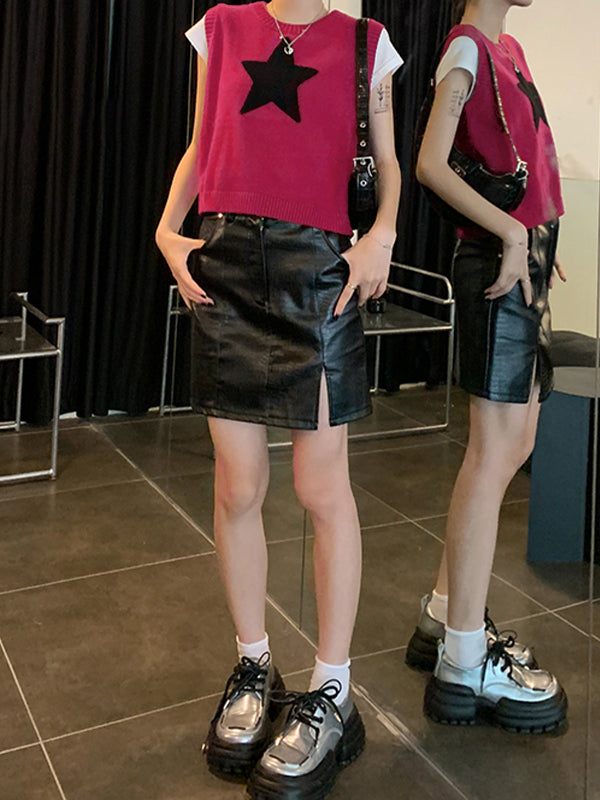 Star Jacquard Crew Neck Cropped Sweater Vest