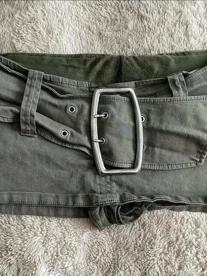 Army Green Low Rise Mini Denim Skirt