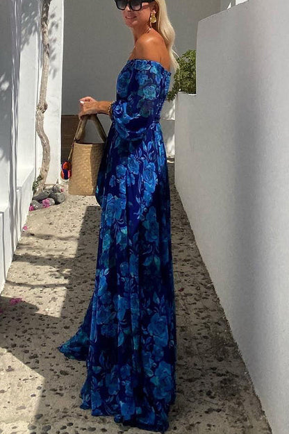 Ladies' One Shoulder Blue Flower Design Sexy Off Shoulder Back Smoke Vacation Long Dress