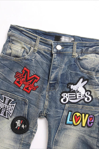 Blue Punk Stitched Badge Flare Denim Pants
