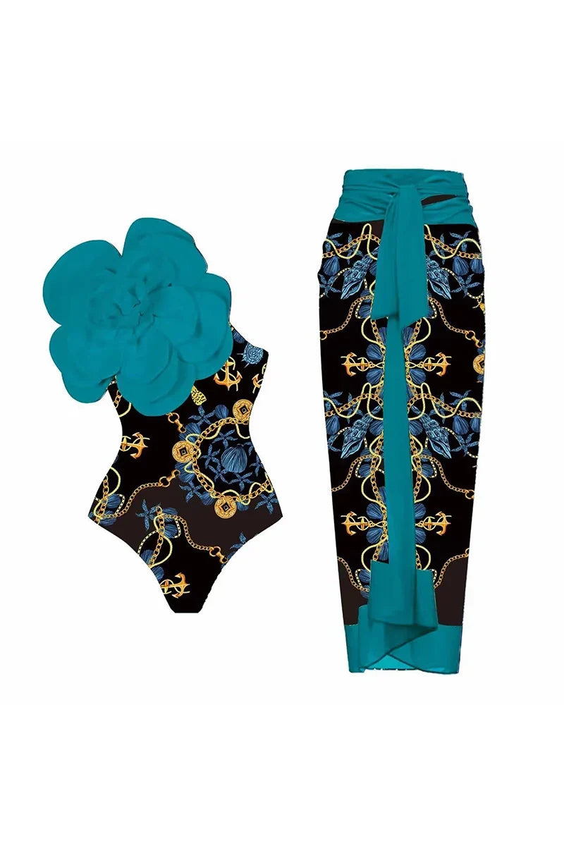 3D Blue Floral Print One-Piece Swimwears