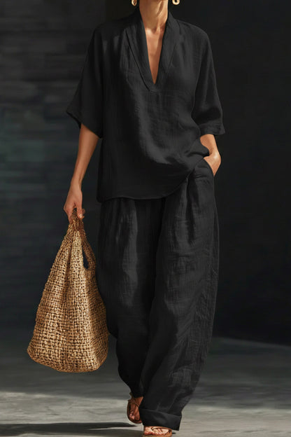 Solid Color V-neck Short-sleeved Loose Top and Casual Elastic Waist Pocket Pants Set