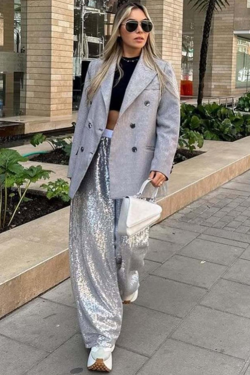 Sequin Color Block Slim Loose Pants