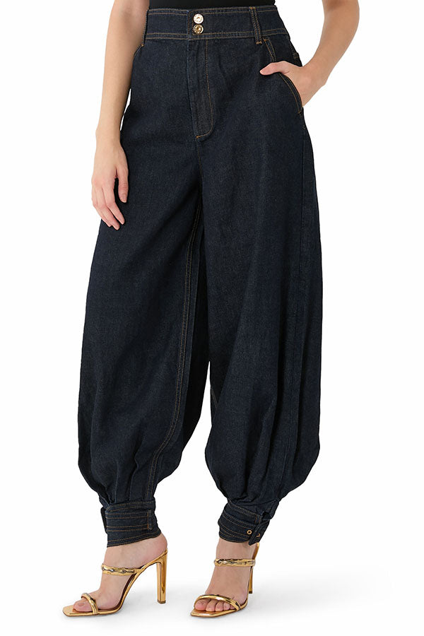 Luna Denim High Rise Pocket Adjustable Buckle Ankle Strap Harem Pants