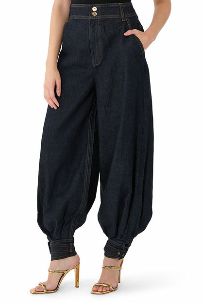 Luna Denim High Rise Pocket Adjustable Buckle Ankle Strap Harem Pants