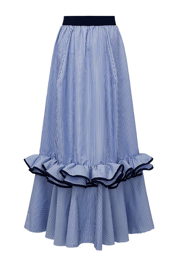 Striped Print Elegant Ruffle Trim Vacation Maxi Skirt