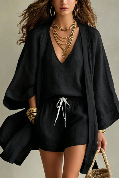 Linen Blend Solid Color V-neck Vest Loose Cardigan and Elastic Waist Pocket Casual Shorts Three-piece Set