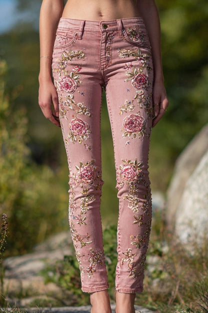 3D Floral Print Pocket Casual Jeans