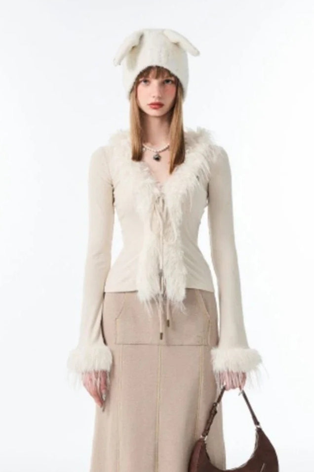 Lace Up V Neck Furry Plush Knit Top
