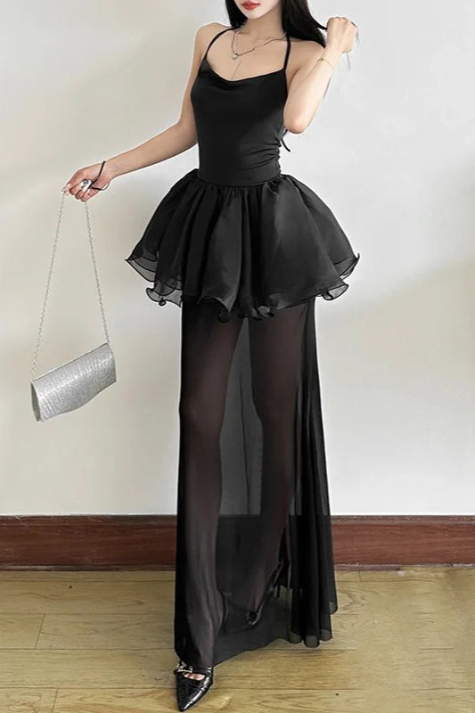 Goth Dark Halter Mesh Stitch Hem Backless Maxi Dress