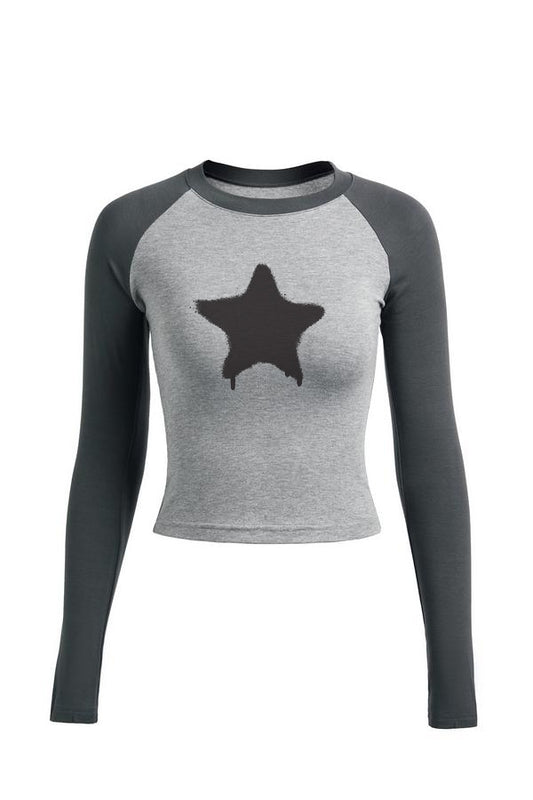 Star Print Contrast Raglan Sleeves Long Sleeve Tees